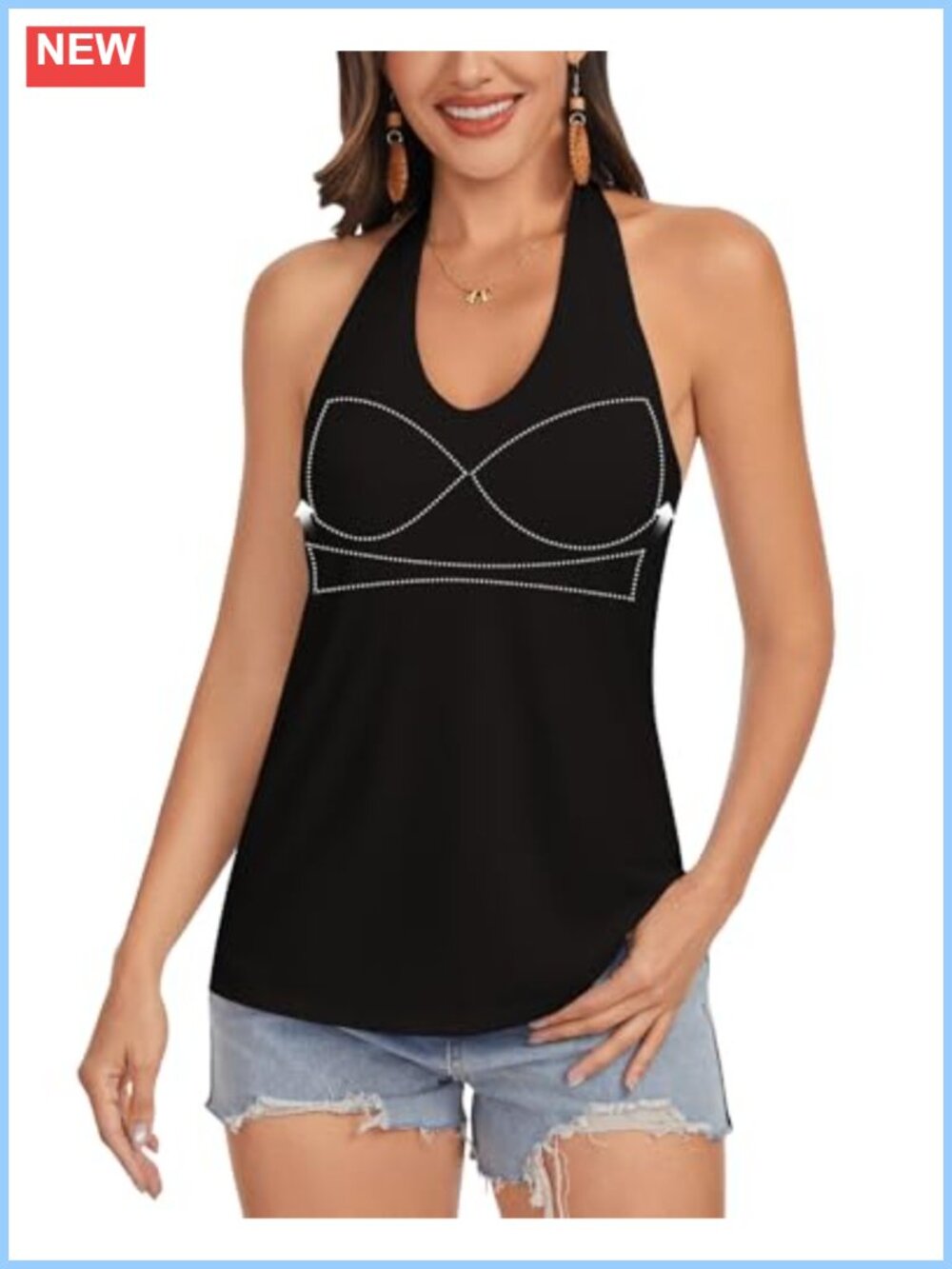 Womens Halter Tank Top Built in Bra Loose Fit Padded Backless Cami